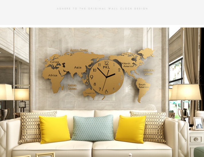 Đồng hồ treo tường trang trí phòng khách bằng bản đồ thế giới 